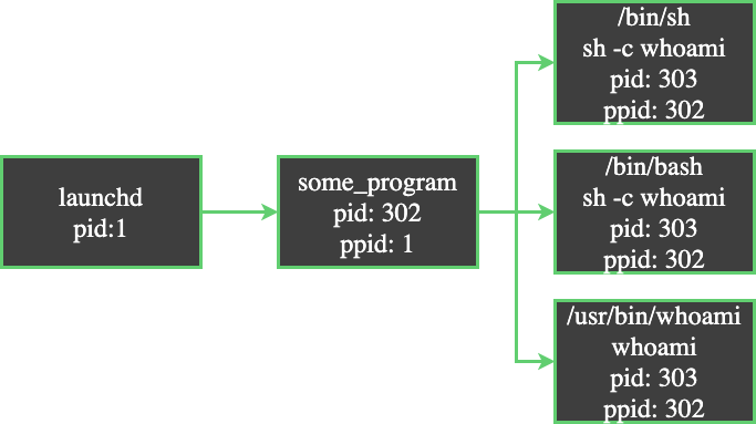 Screenshot: final corrected process tree for sh -c whoami