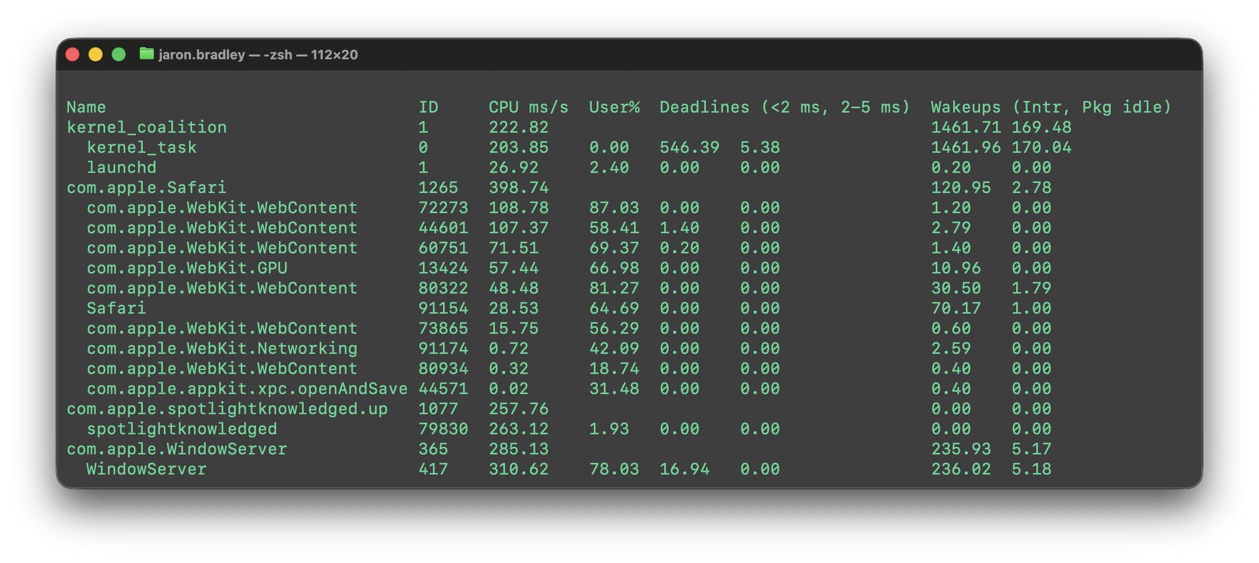powermetrics output grouping macOS processes by coalition