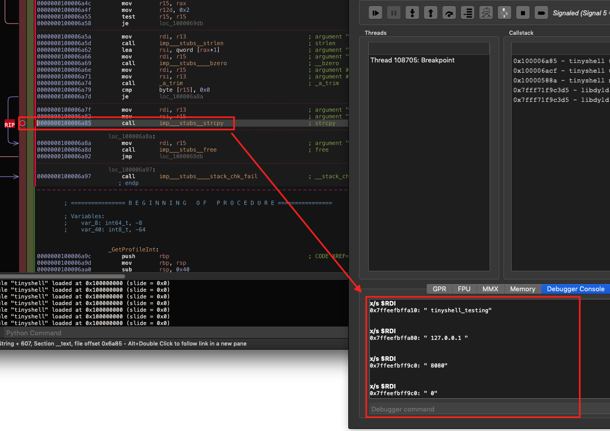 Screenshot: confirming config values via strcpy() breakpoint