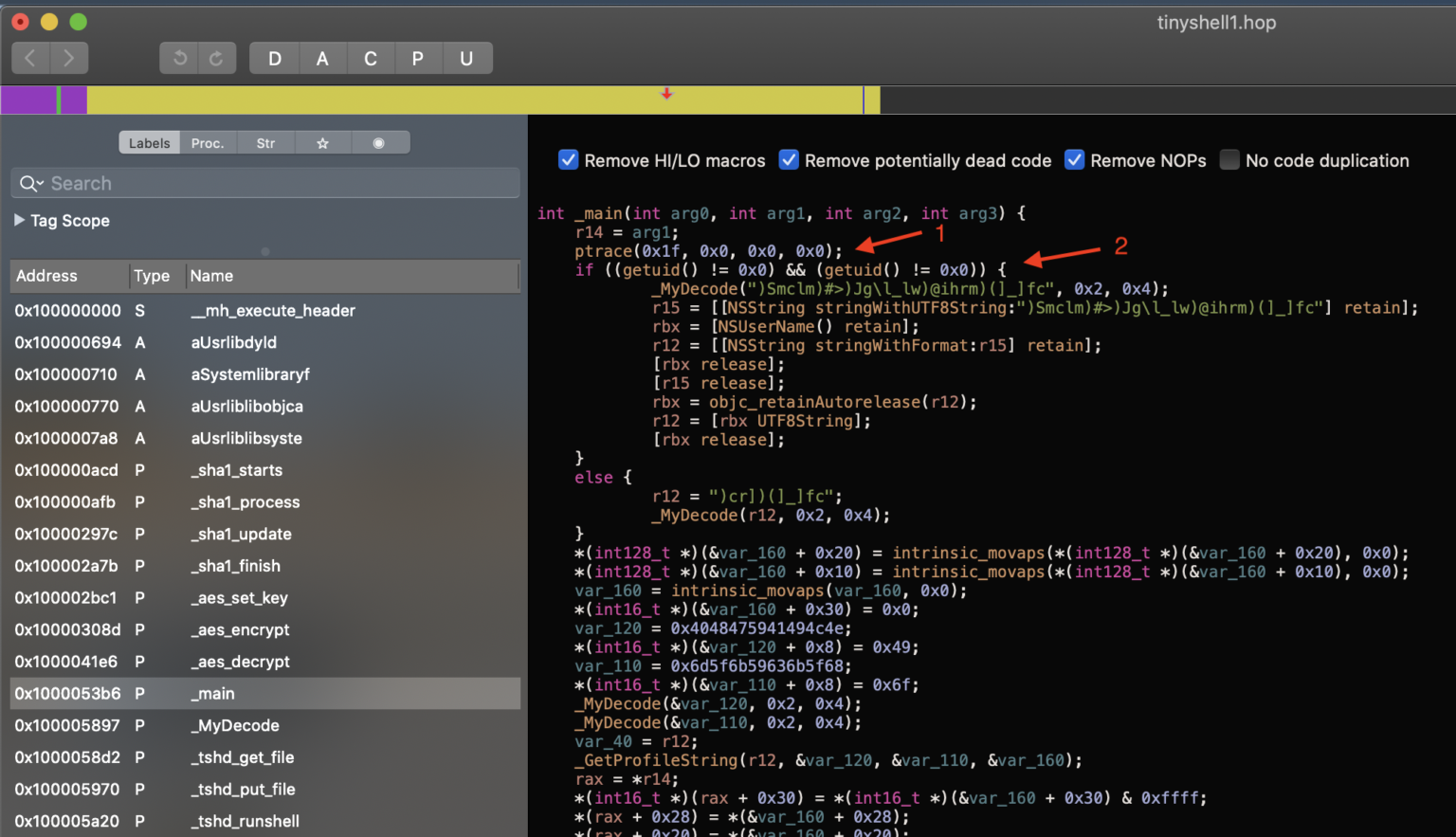 Screenshot: ptrace anti-debugging check in main()