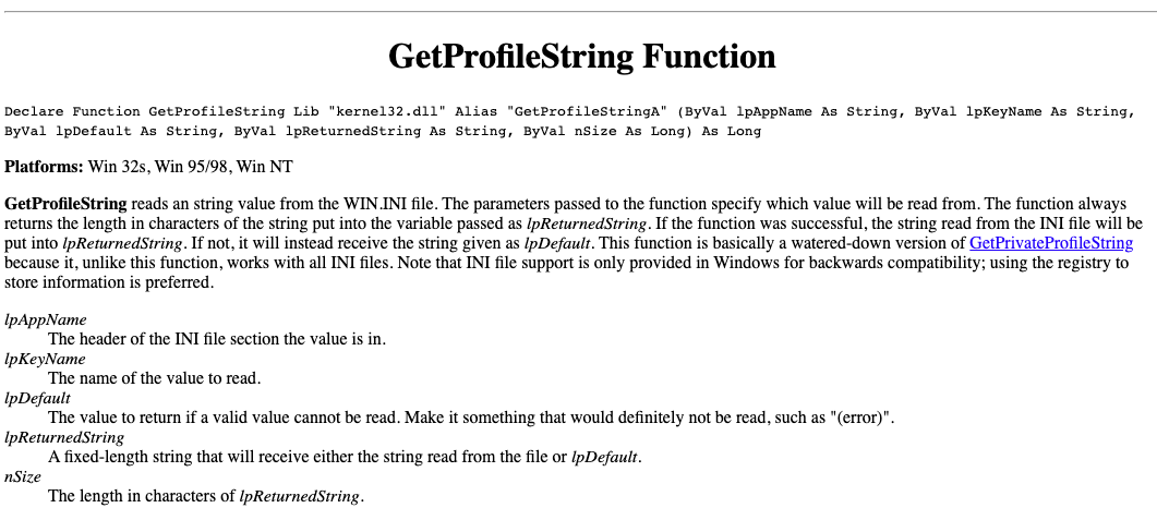 Screenshot: GetProfileString() documentation