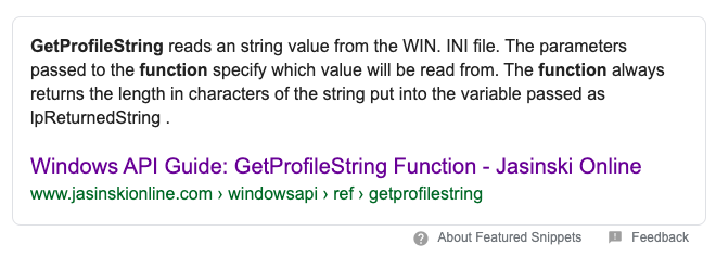 Screenshot: googling GetProfileString