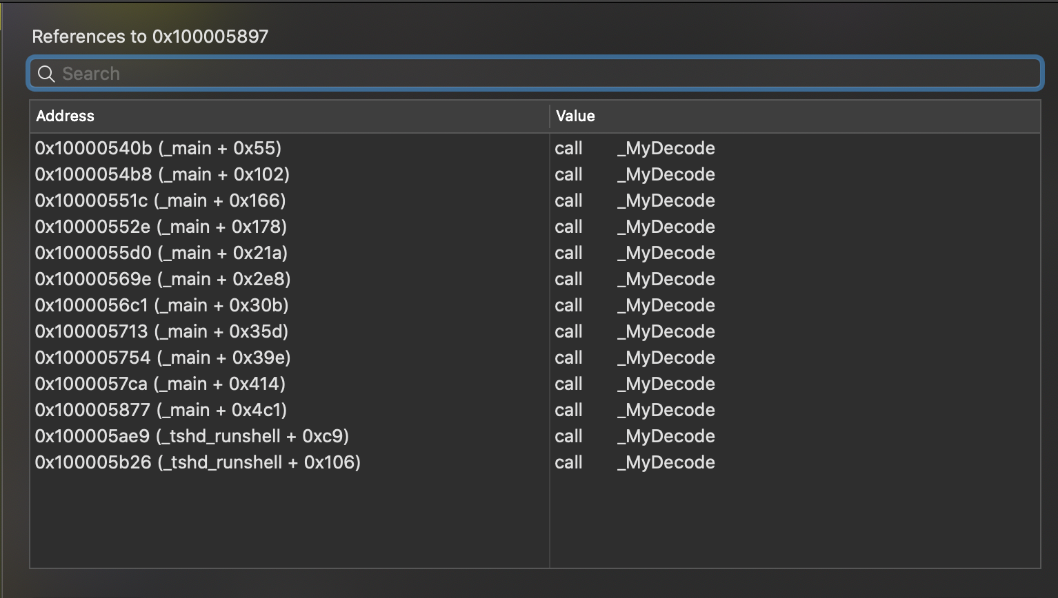 Screenshot: cross-references to _MyDecode