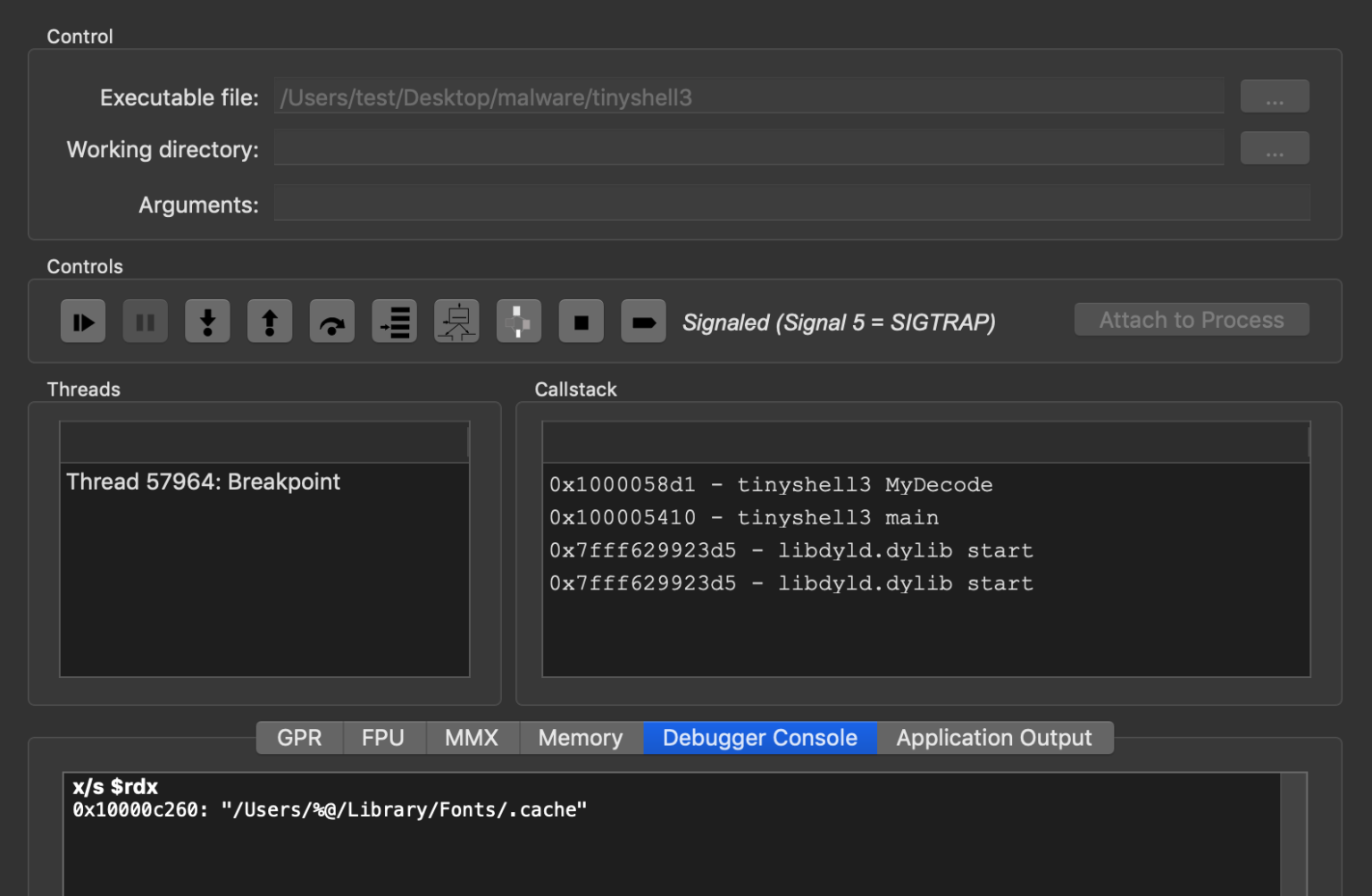 Screenshot: printing $rdx to reveal a decoded string